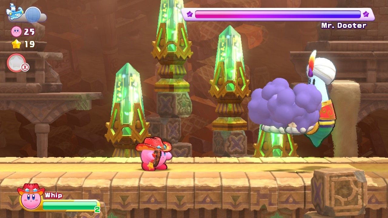 Kirby Raisin Ruins Stage Five Мистер Дутер с дымом в руках, пока Кирби наблюдает за ним.
