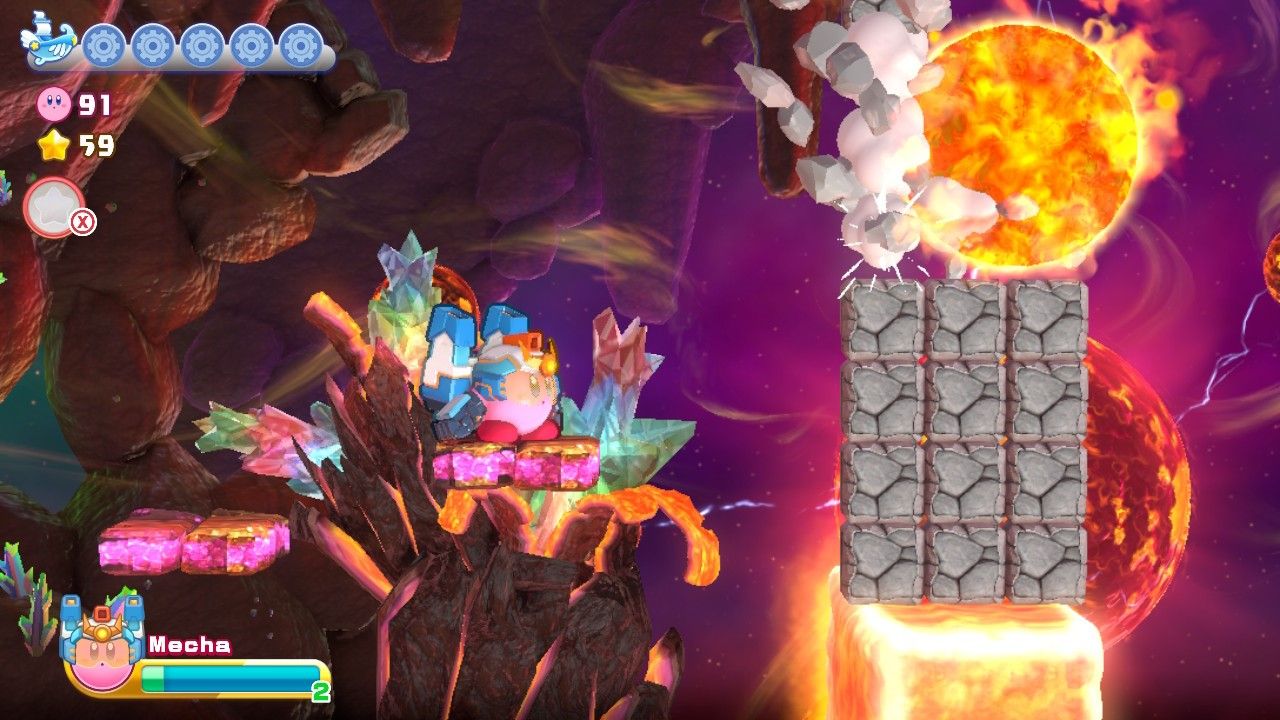 Kirby's Return To Dream Land Deluxe Dangerous Dinner Stage Three Fireball Breaks Blocks