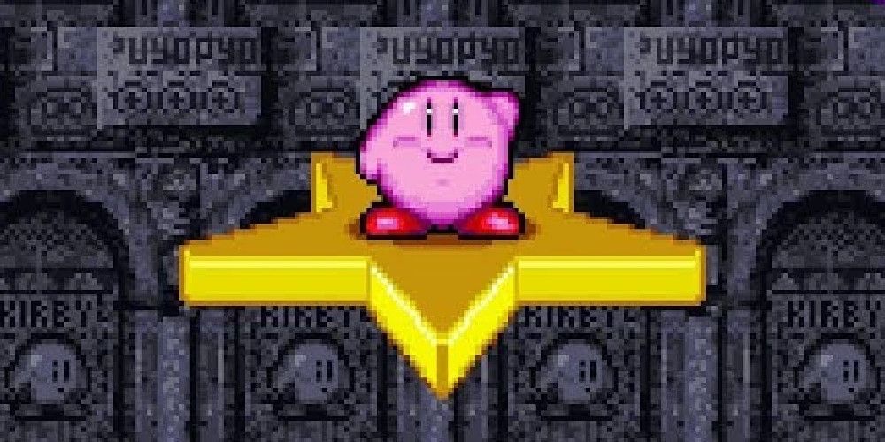 Kirbys Avalanche Title Screen Graphic, Zoomed in on pink kirby standing on yellow star