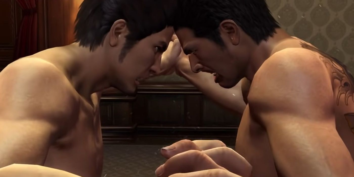 Kiryu and Aizawa in a wrestling test of strength from Yakuza 5.