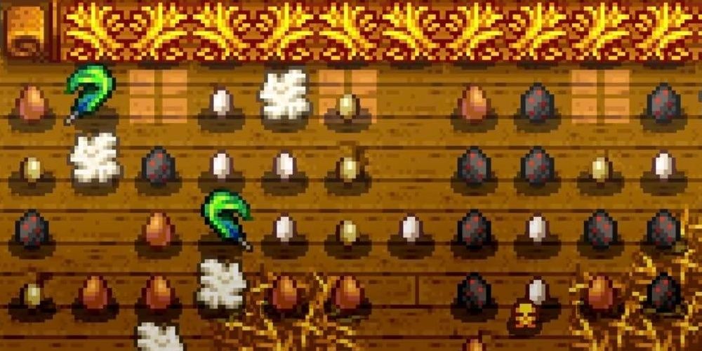 Eggs, feathers, and wool clutter a coop in Stardew Valley the video game