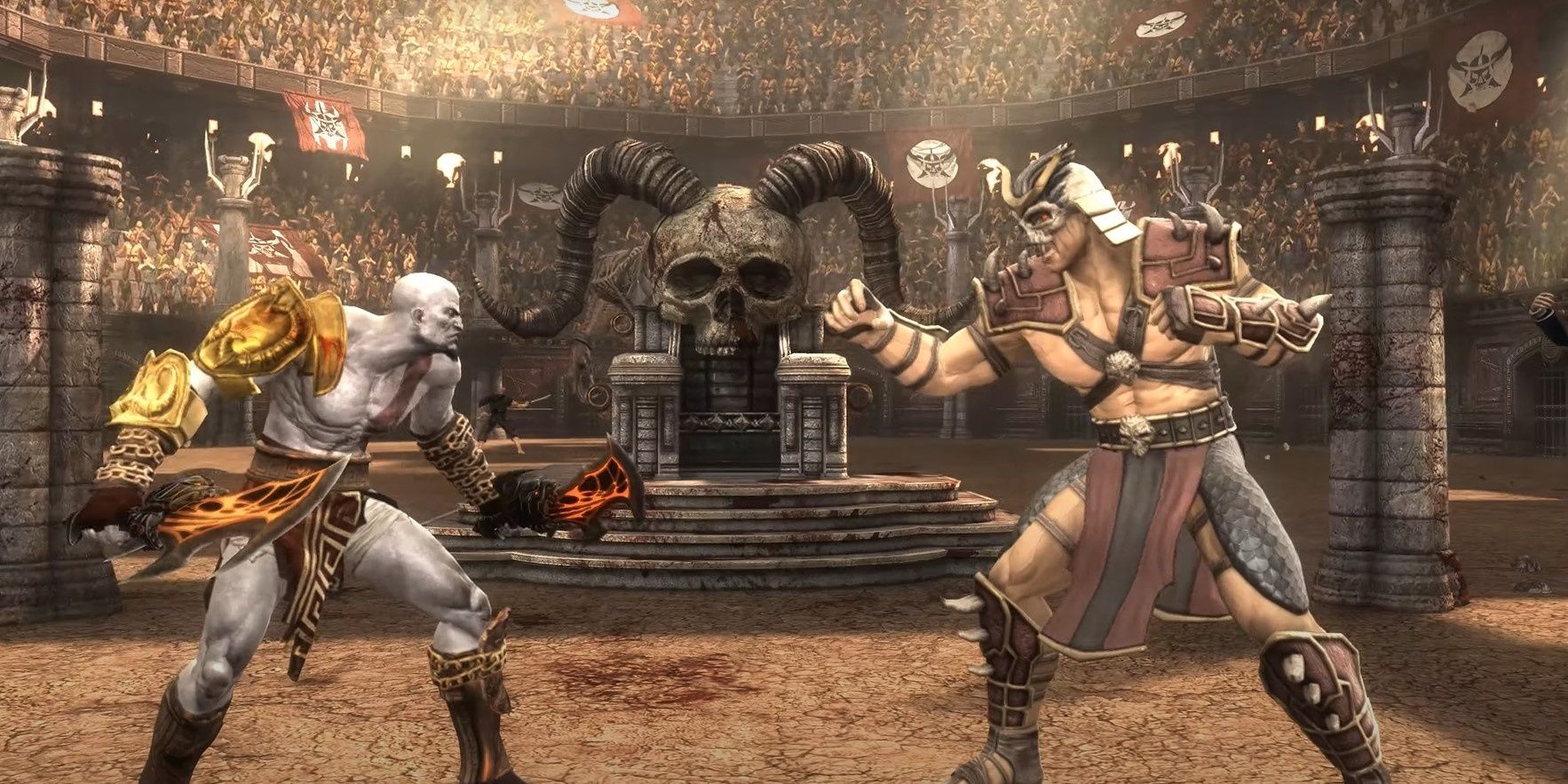 Kratos fighting Shao Khan in Mortal Kombat