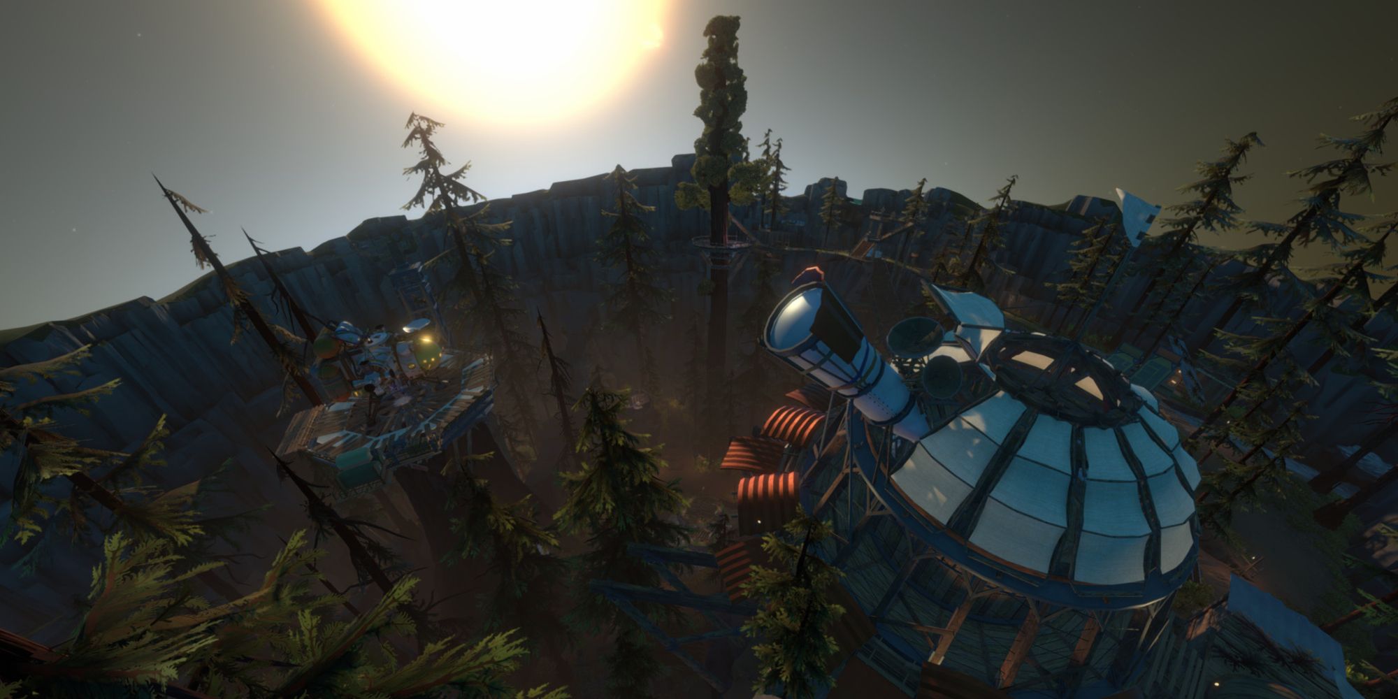 Landscape showing a forest, observatory and sunset in the Outer Wilds
