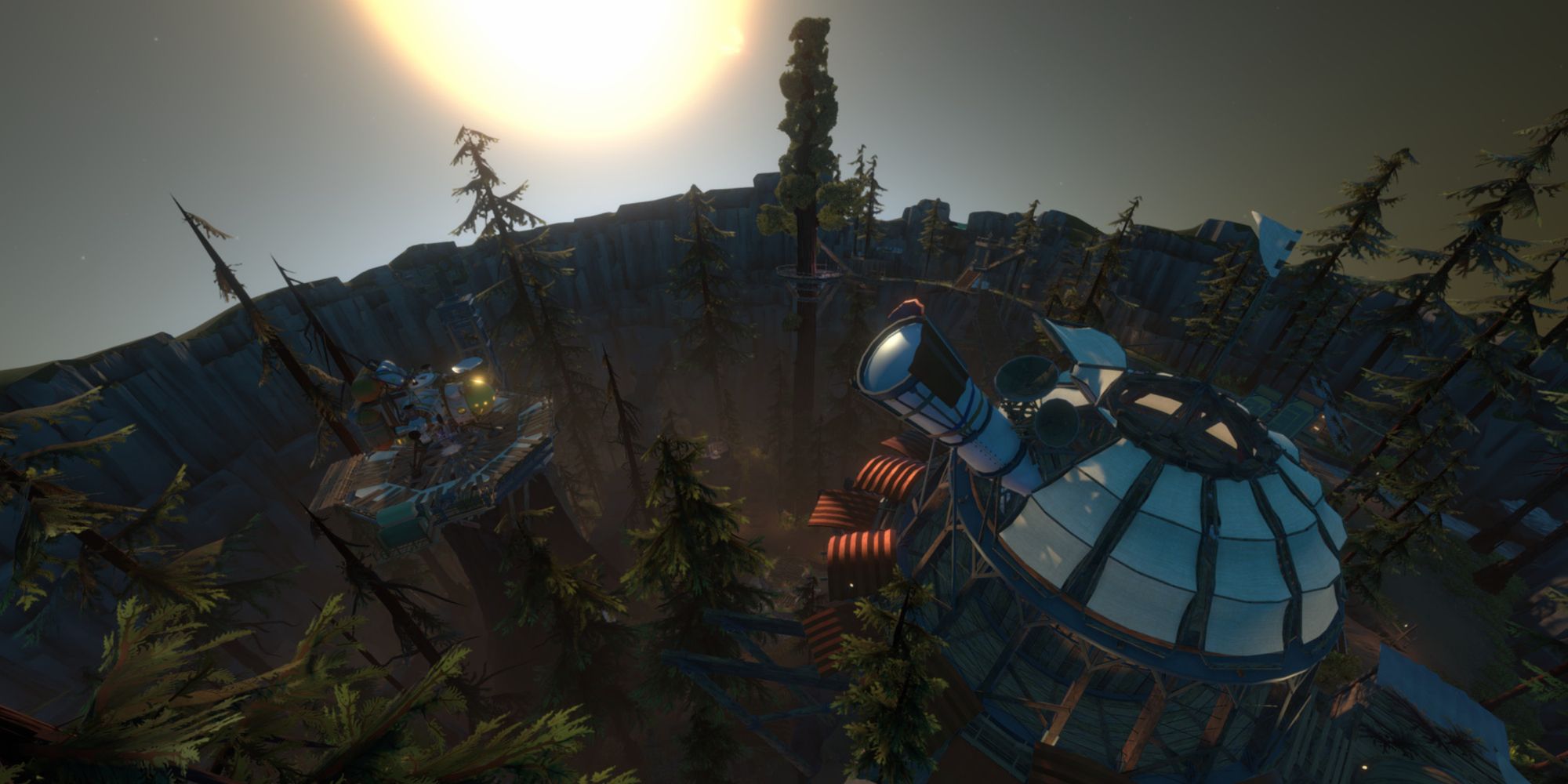 Landscape showing a forest, observatory, and sunset in the Outer Wilds.