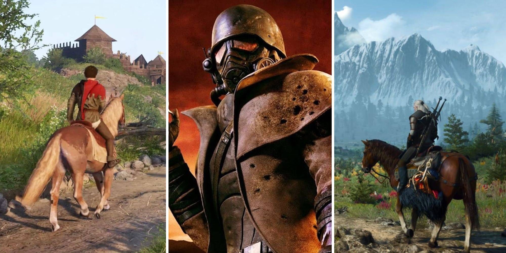Largest RPG Worlds Feature: A rider in Kingdom Come: Deliverance, a character from Fallout, and Geralt on Roach