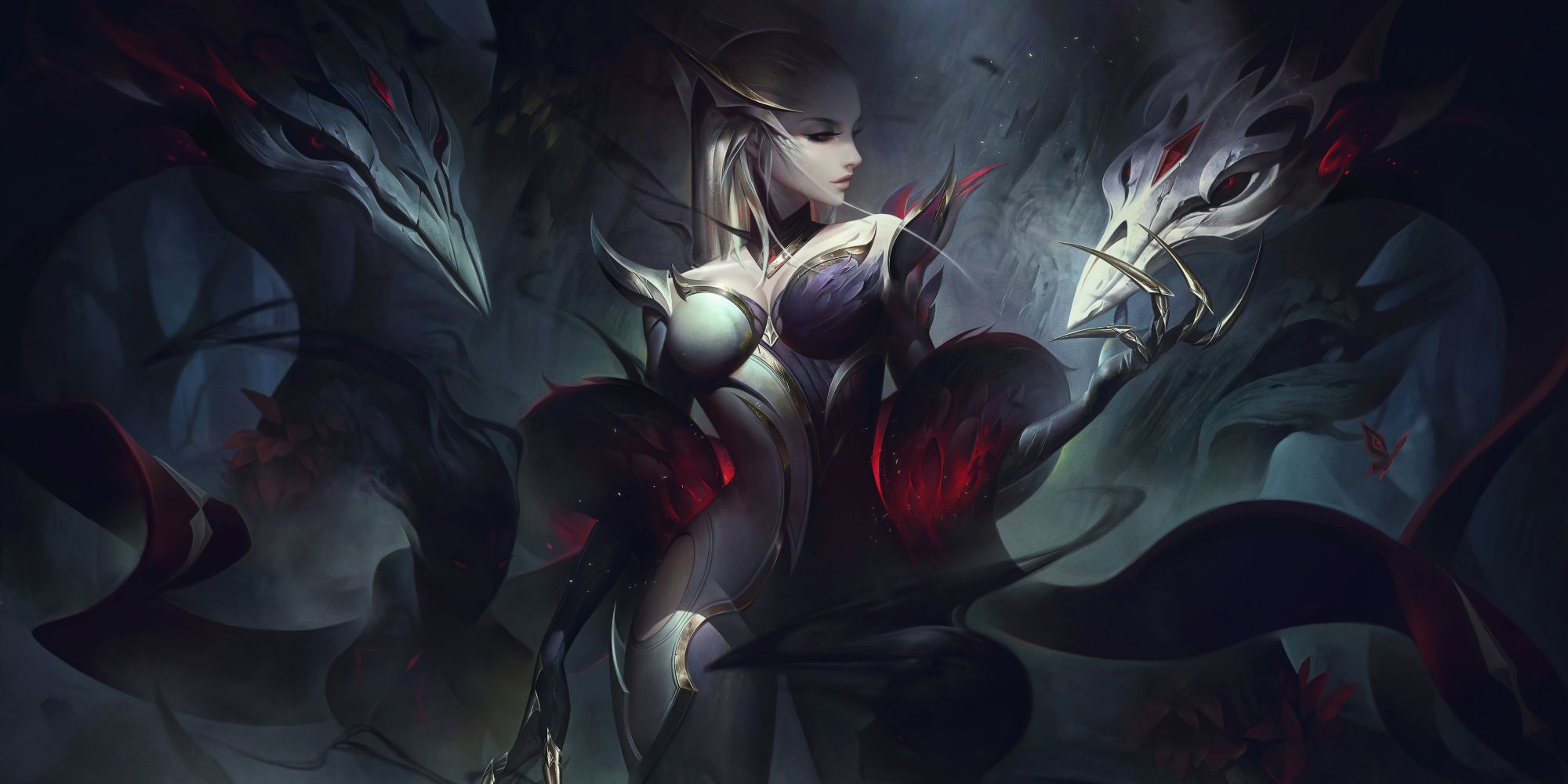 A photo of Coven Evelynn from League of Legends, featuring Evelynn wearing a black and white outfit and holding two mystical skulls. 