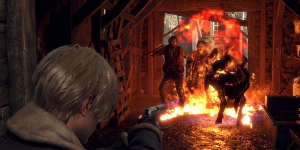 Leon aiming at villagers on fire