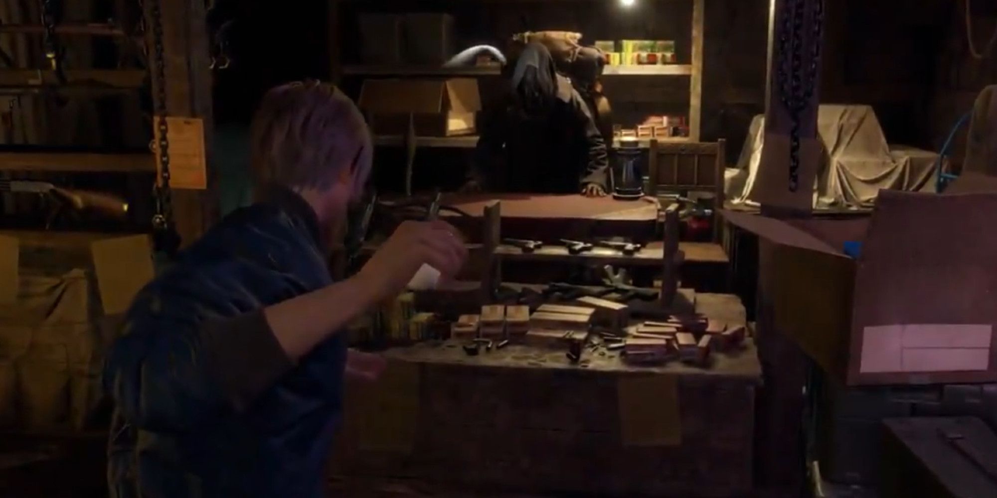 Leon aiming an egg at the head of the merchant in Resident Evil 4 Remake