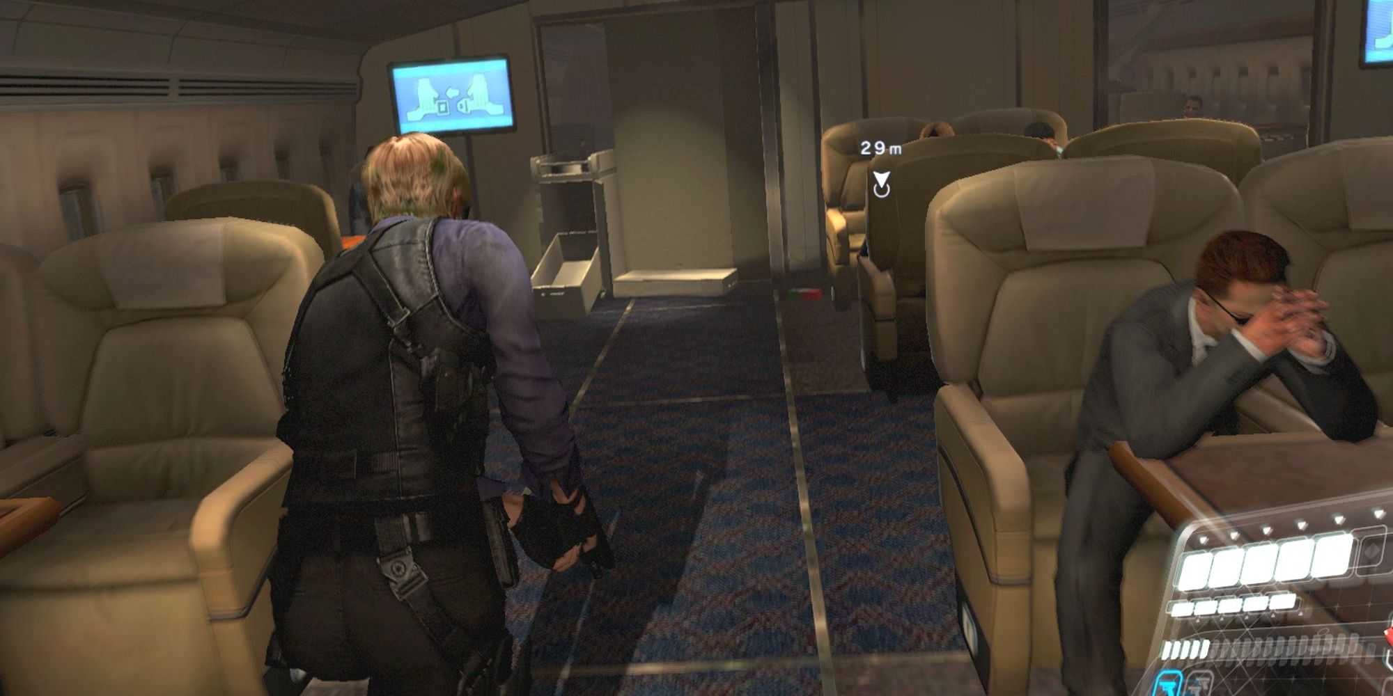 Leon heading toward the cargo bay on the plane in Resident Evil 6.