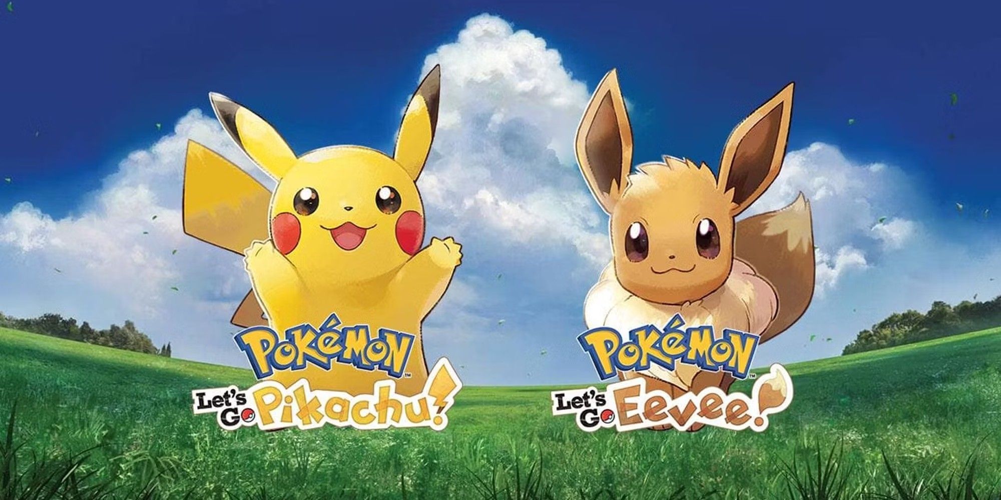 Pokemon Let's Go Pikachu and Eevee: Pikachu and Eevee in front of the grasslands, with the game logos