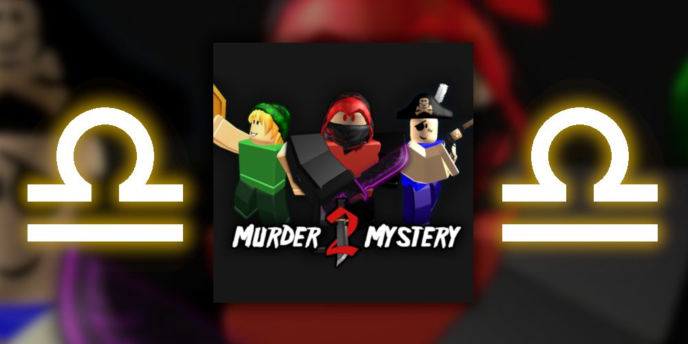 Libra Zodiac Symbols on either side of the Murder Mystery 2 logo