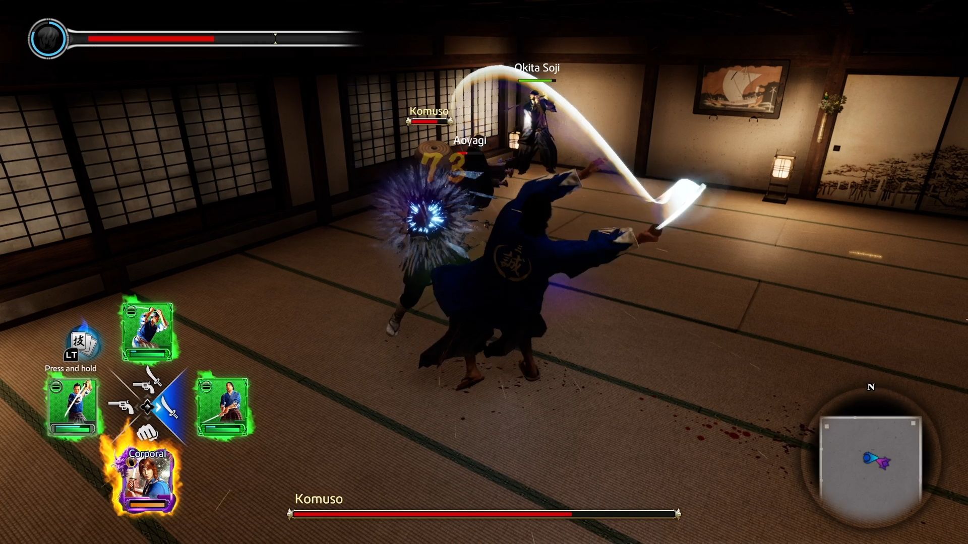 Like A Dragon Ishin, Komuso deflecting Ryoma's attack