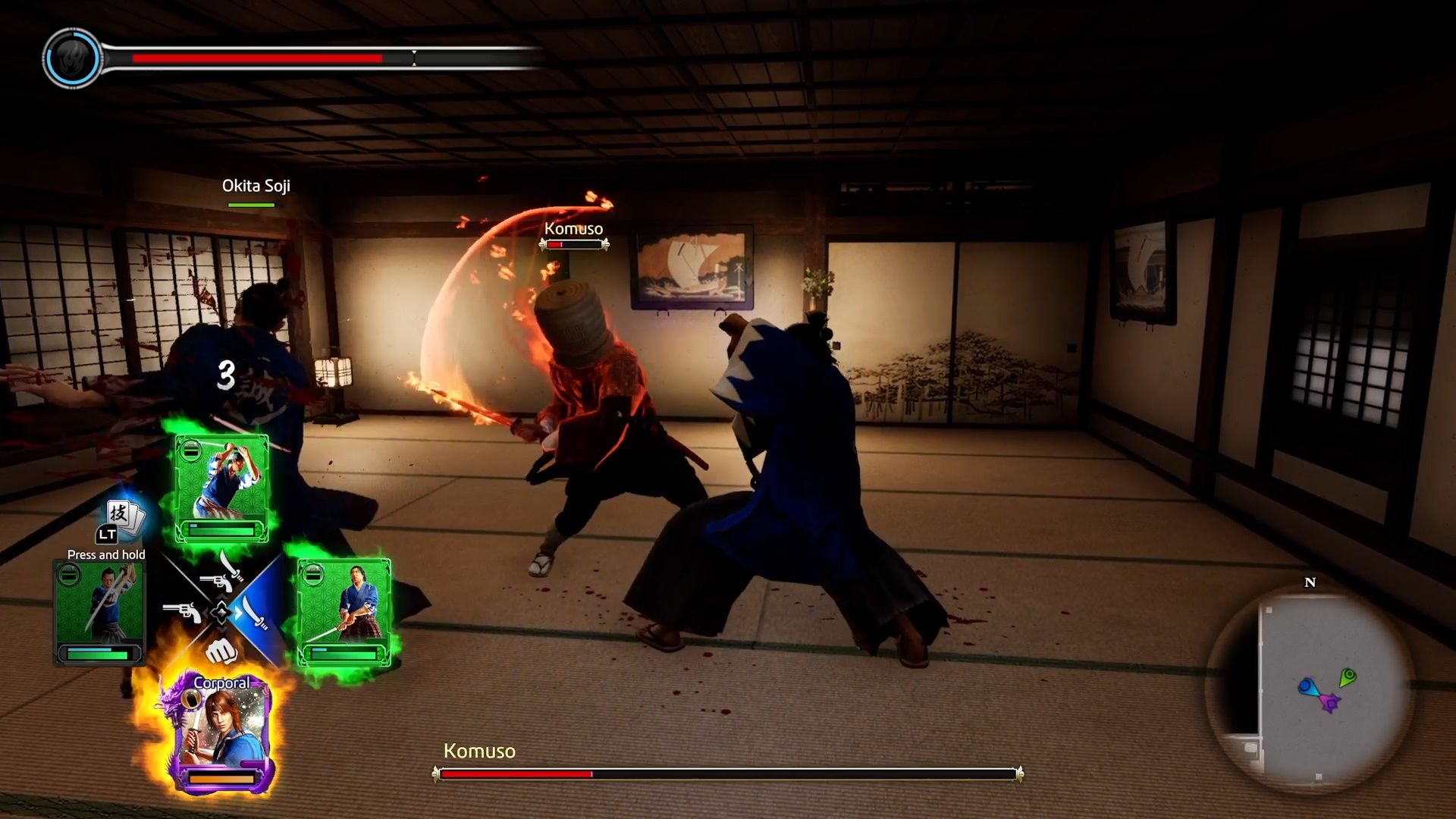 Like A Dragon Ishin, Komuso using his flaming sword attack