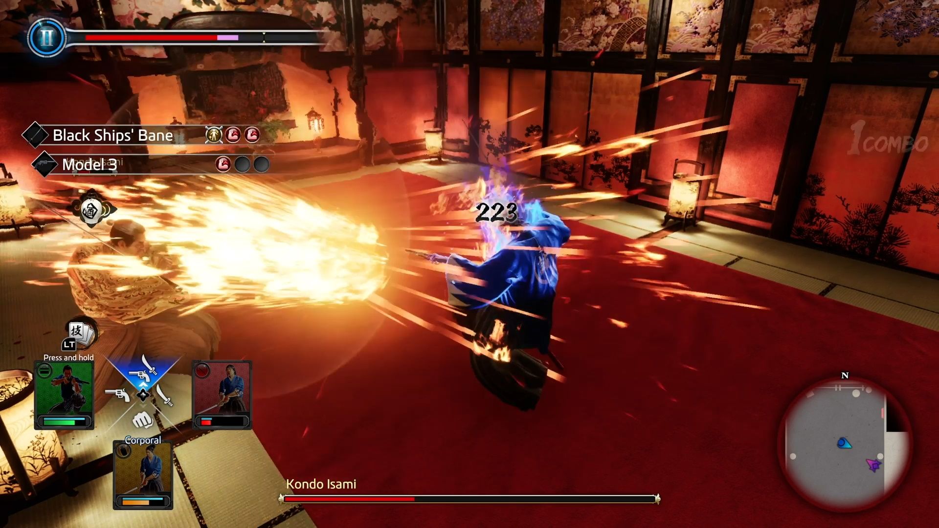 Like A Dragon Ishin, Kondo throwing fireballs at Ryoma