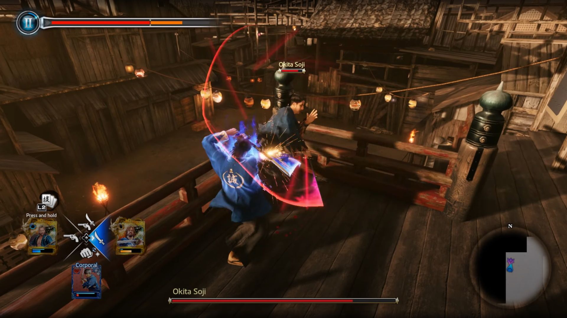 Like A Dragon Ishin, Okita using his multi-hitting jump combo