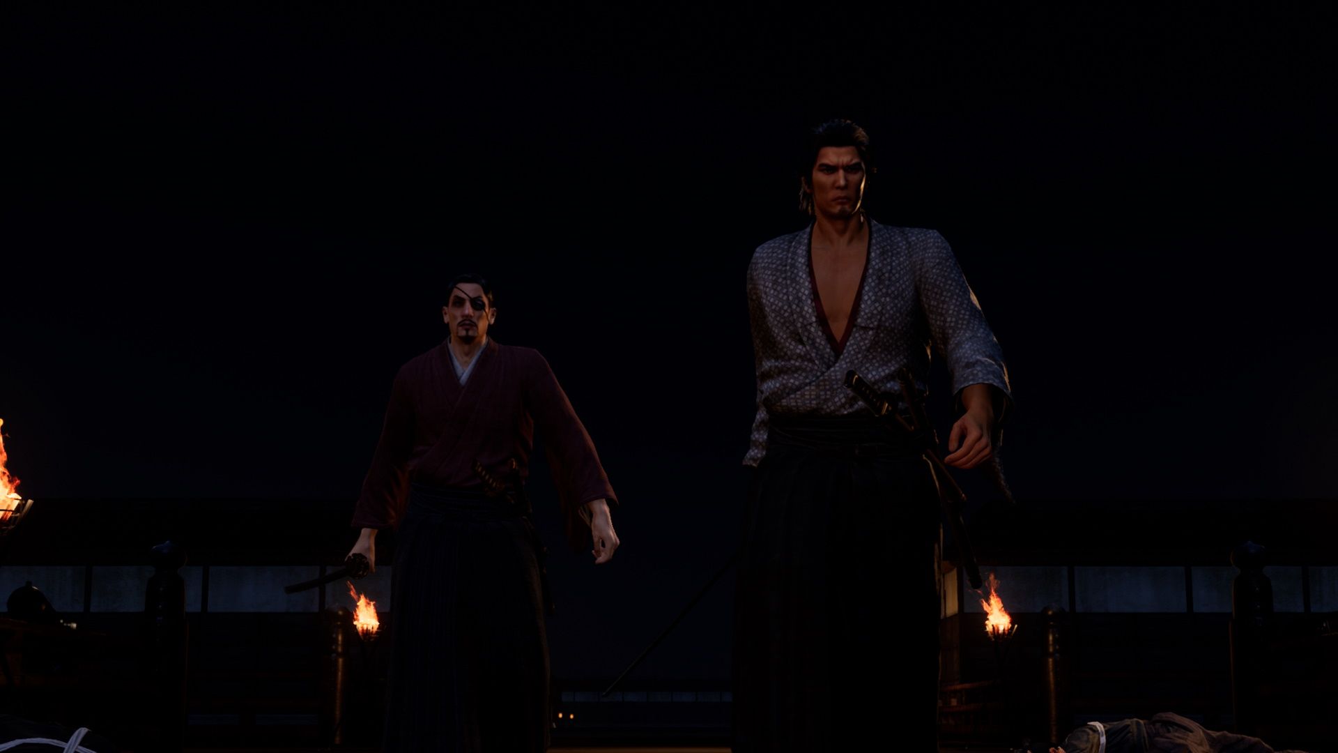 Like A Dragon Ishin, Ryoma and Okita marching in through the front gate