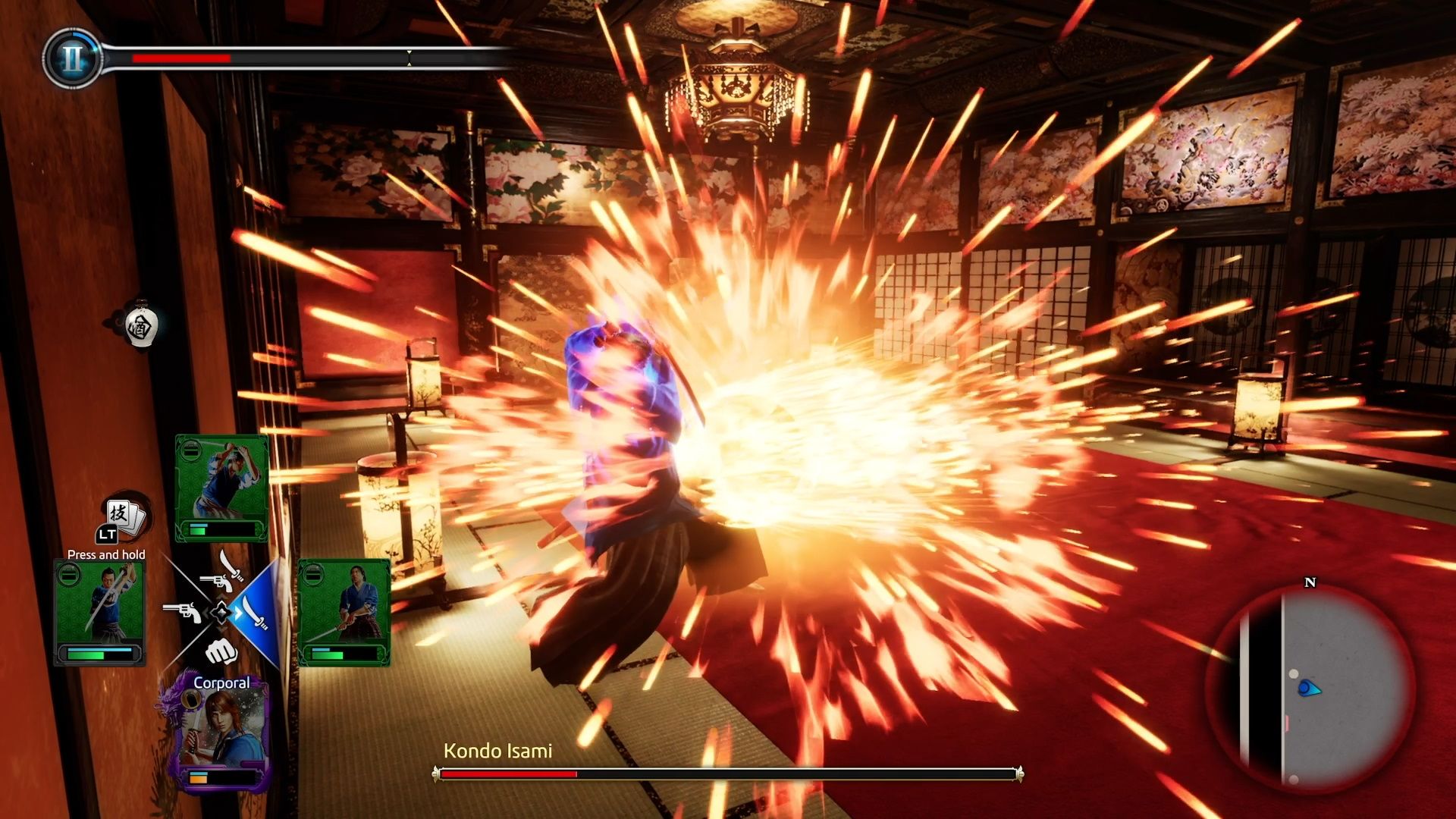 Like A Dragon Ishin, Ryoma blocking a fireball with his sword