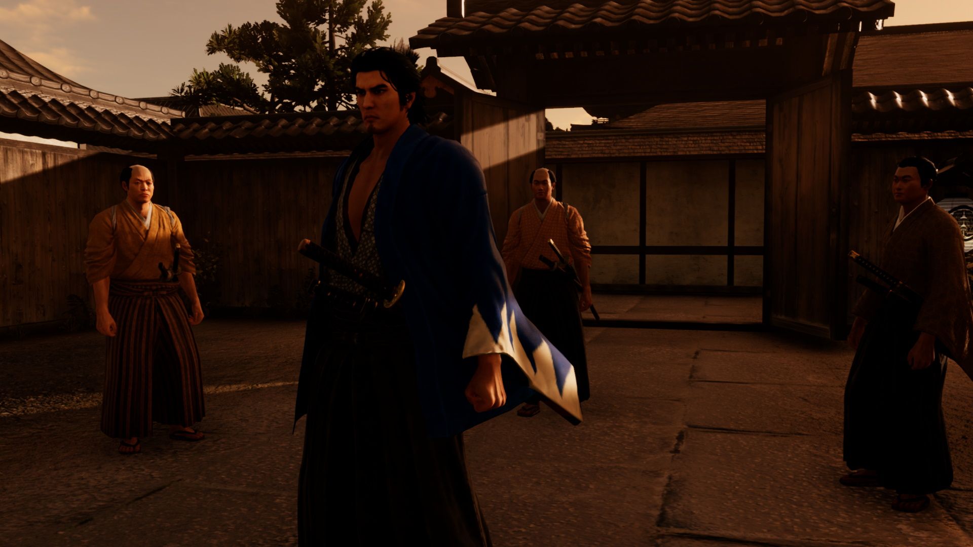 Like A Dragon Ishin, Ryoma is surrounded by hostile swordsmen