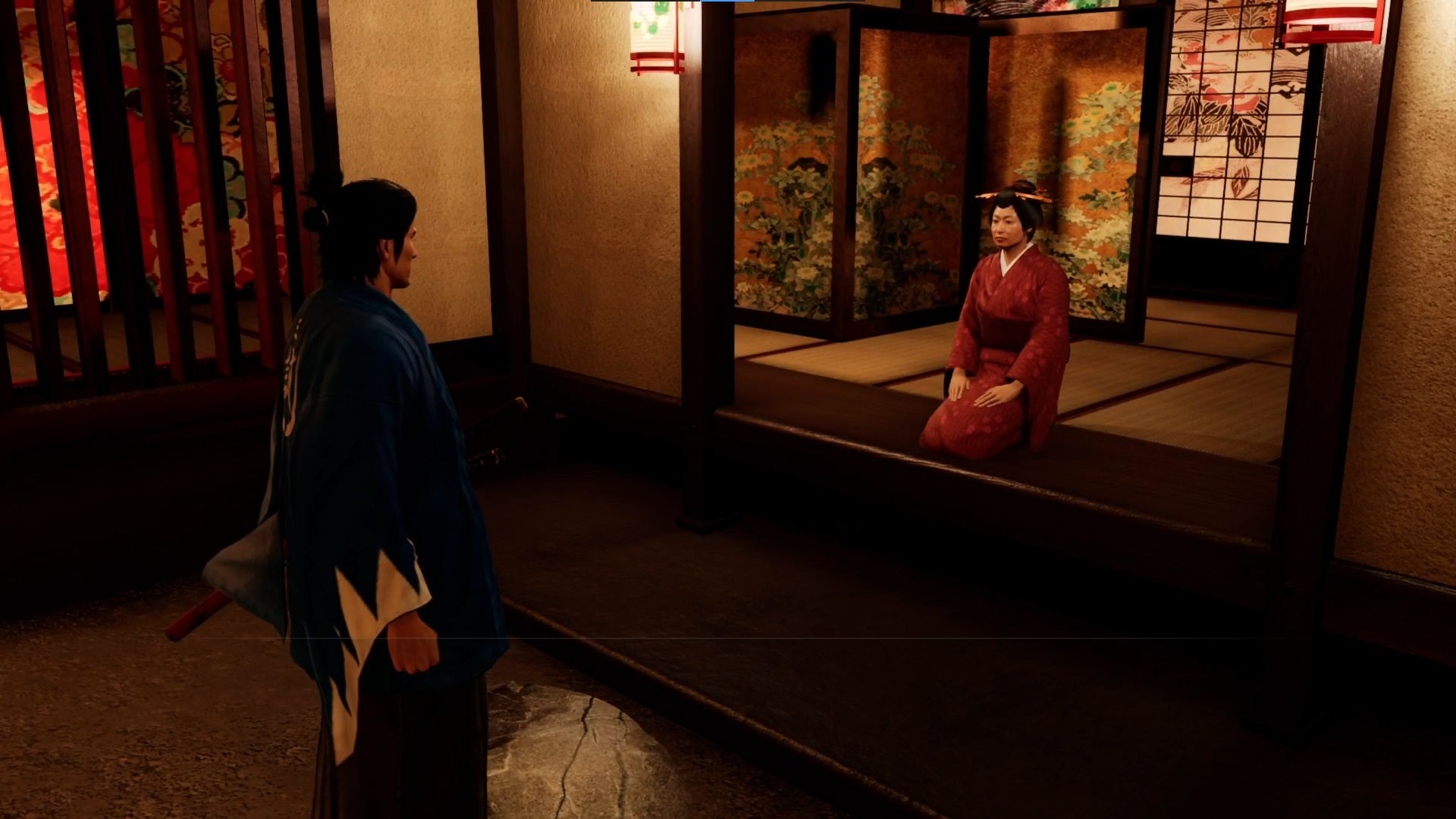 Like A Dragon Ishin, Ryoma paying a ryo at the inn to play minigames with Anna