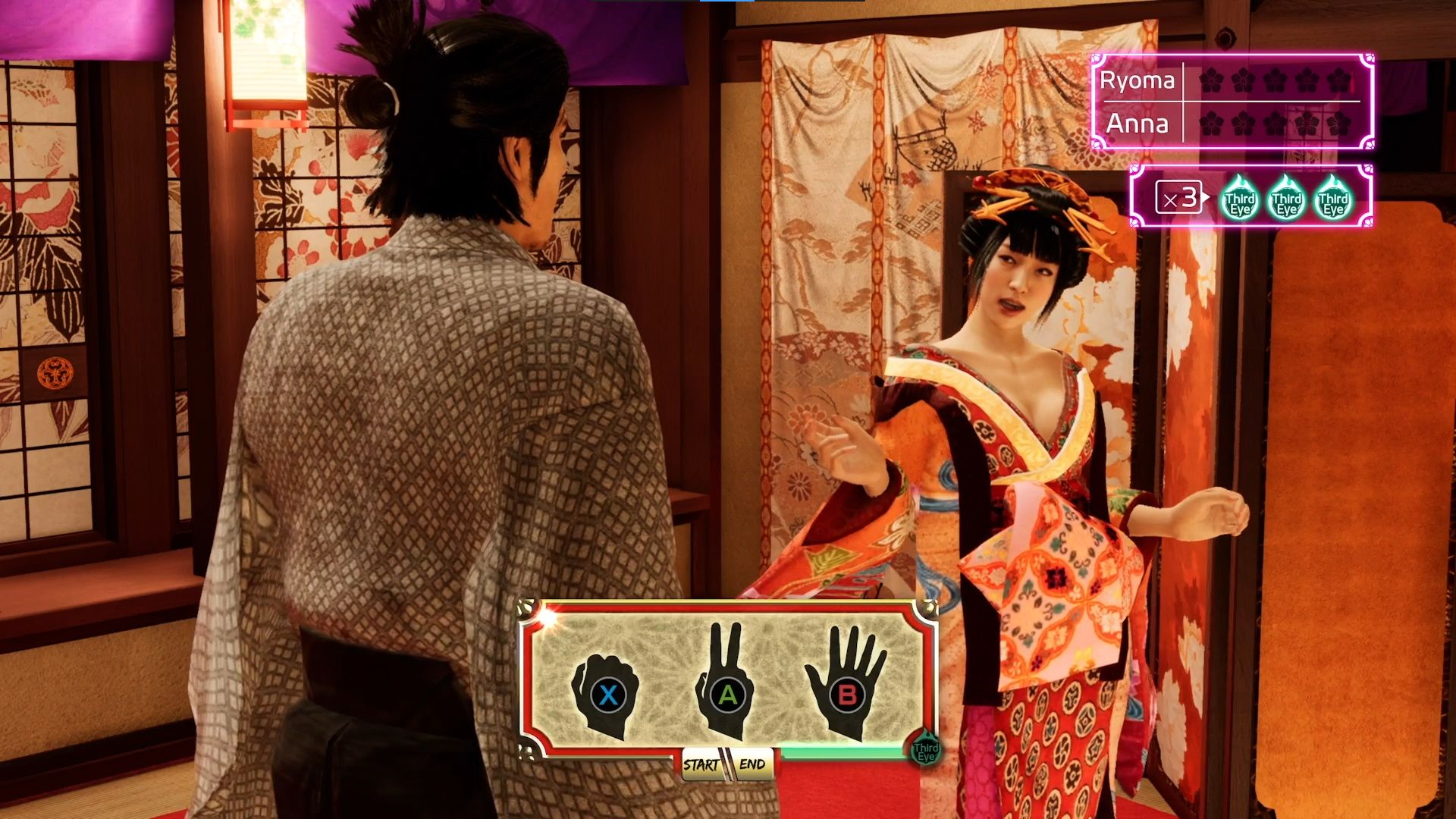 Like A Dragon Ishin, Ryoma playing rock paper scissors