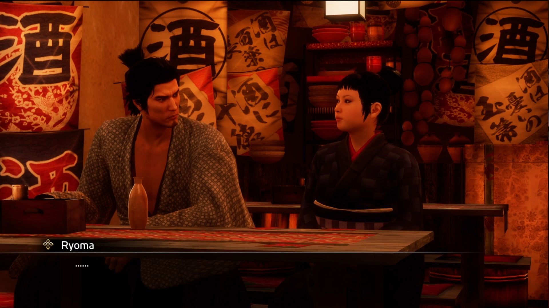 Like A Dragon Ishin, Ryoma's drinking is disturbed by a mysterious woman