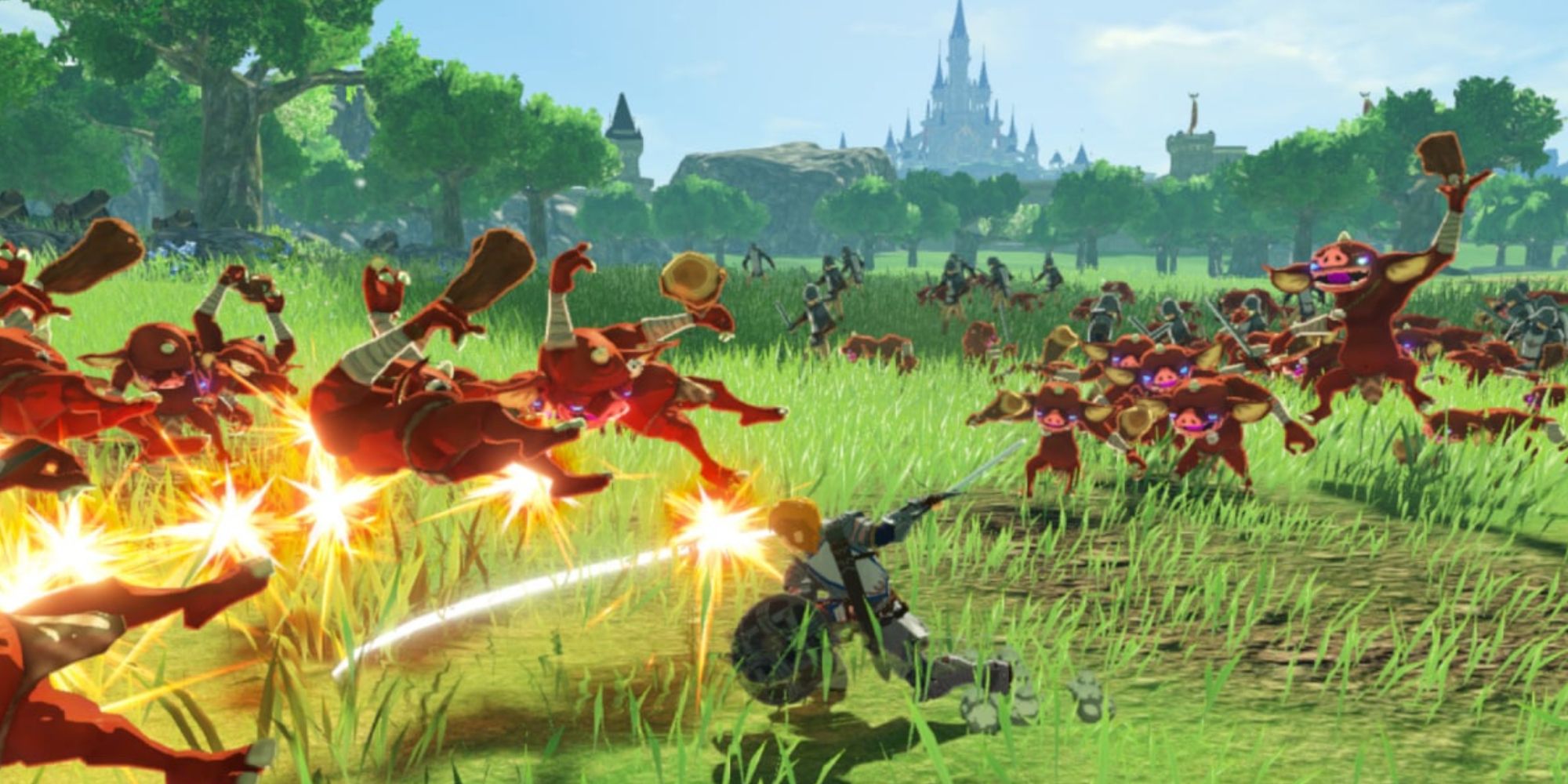 Link fighting against a large group of Moblins in Hyrule Warriors: Age of Calamity