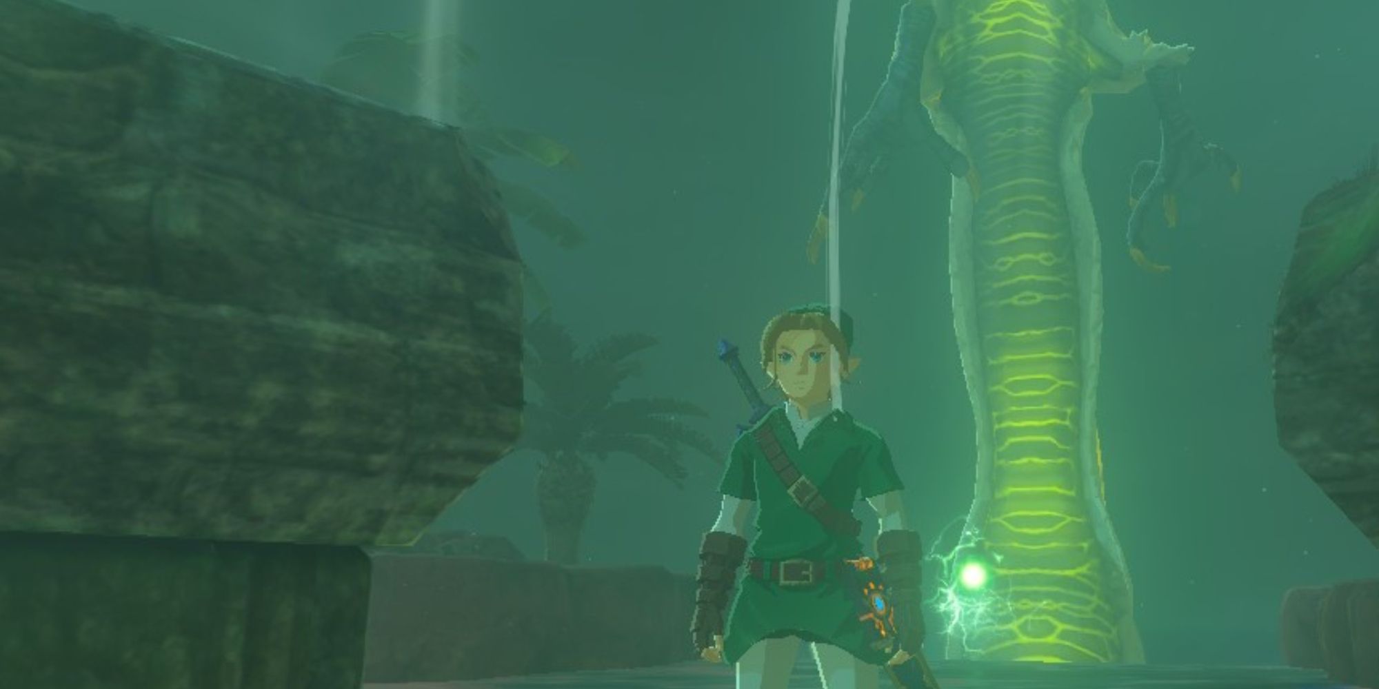 Link in Riola Spring with Farosh flying in the background in BOTW