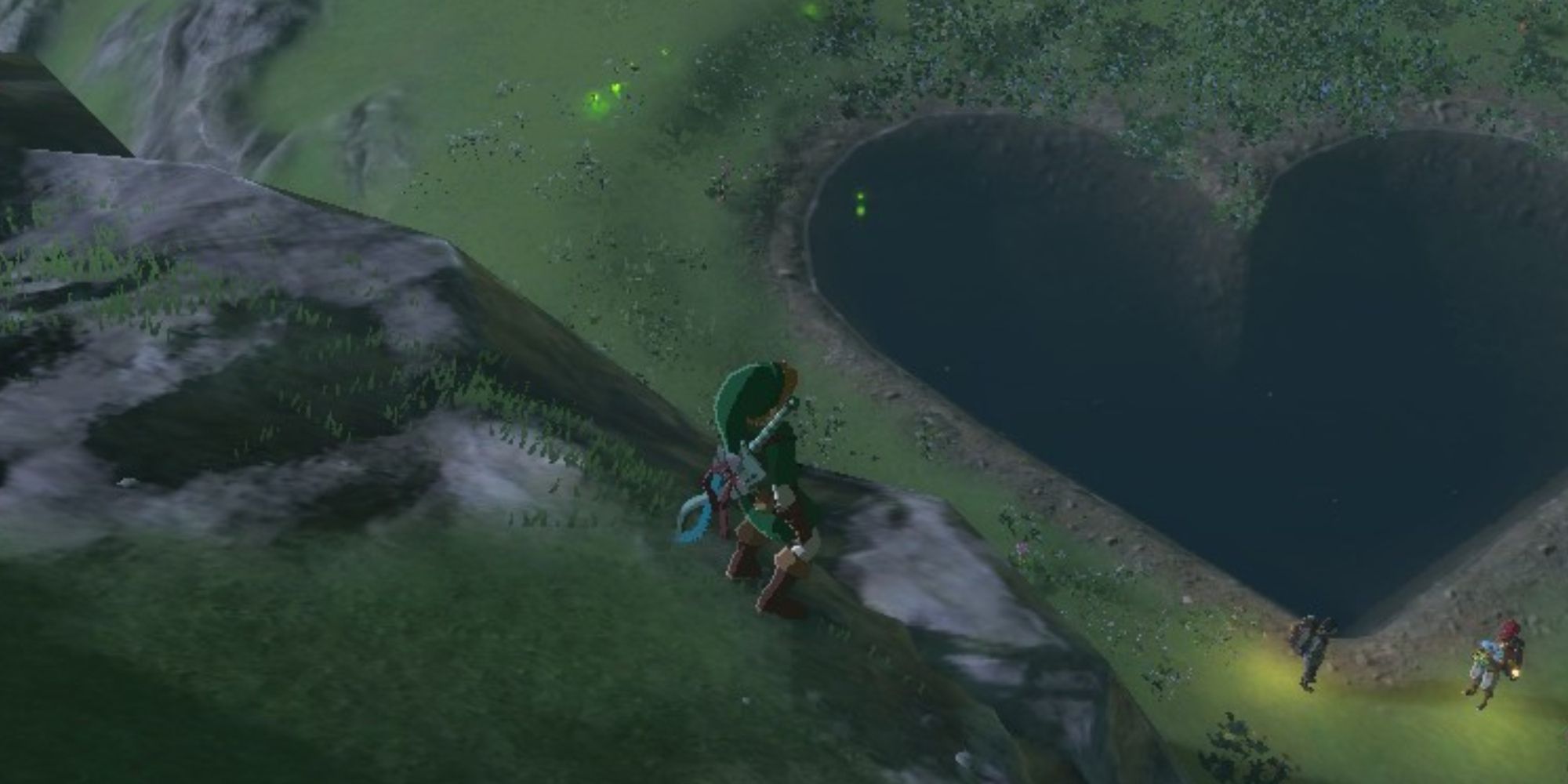 Link looking down on Lover's Pond in BOTW