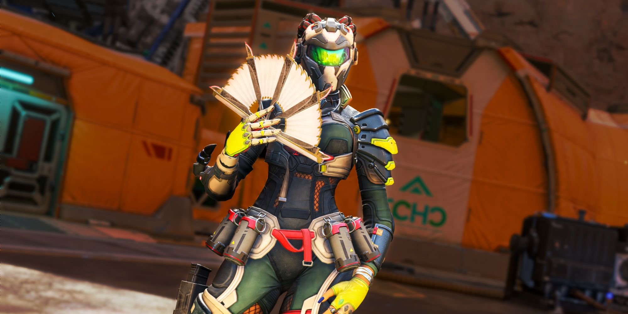 An image of Loba's Heirloom from Apex Legends, a white fan with metallic spikes on the end. 