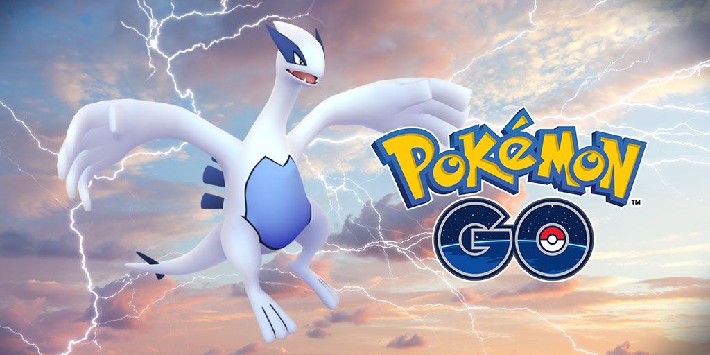Lugia flying in the sky filled with lightning, with the Pokemon Go logo to the right