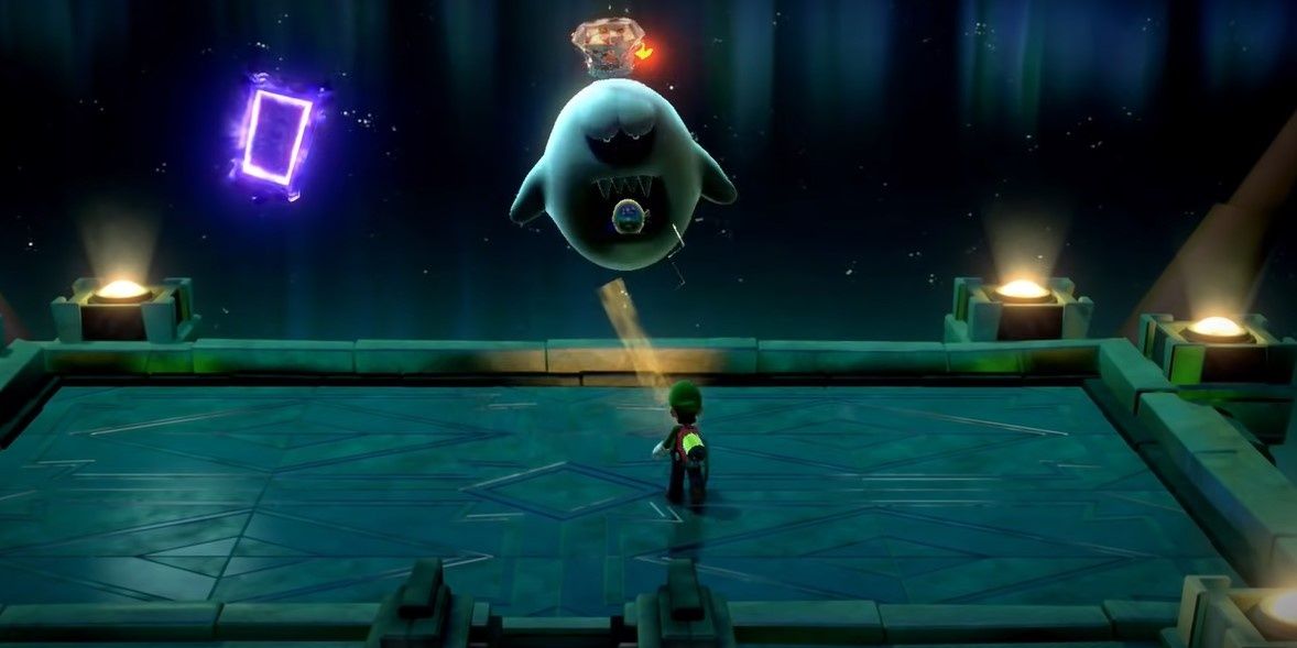 Luigi launching bomb into King Boo's mouth