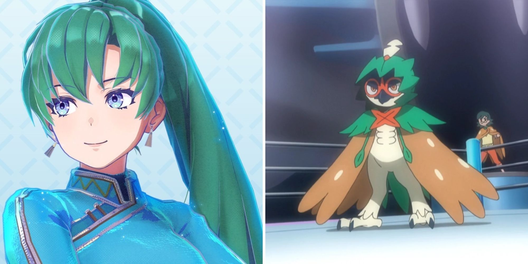 Emblem Lyn stands in front of a blue background and Decidueye stands in a wrestling ring