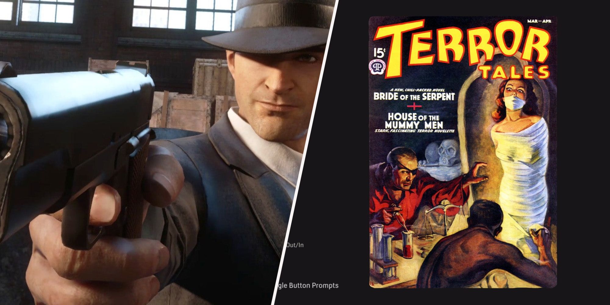 Mafia Definitive Edition Tommy on the left and Terror Tales magazine on the right