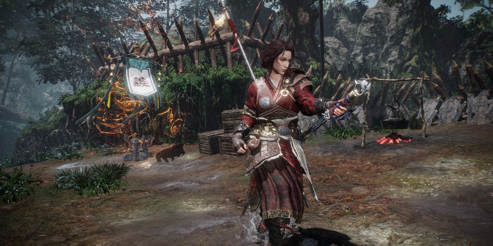 Wo Long: Fallen dynasty - our character poses in front of a battle flag in mission 14