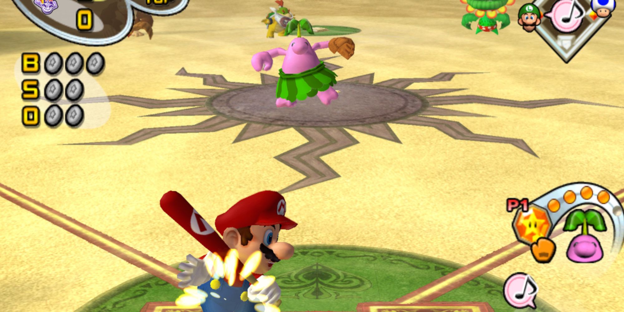 Mario Stepping Up To Bat against a Pianta in Mario Superstar Baseball