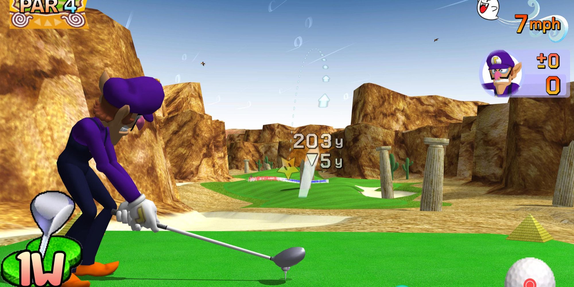 Waluigi teeing up in Mario Golf: Toadstool Tour