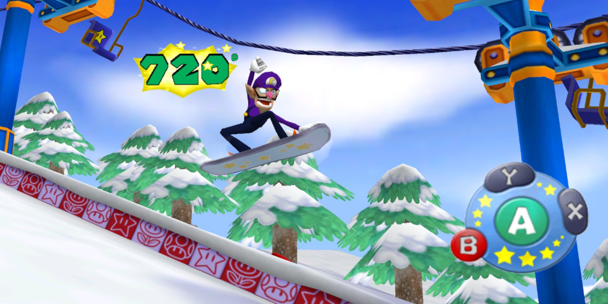 Waluigi participating in the Snow Whirled minigame from Mario Party 6