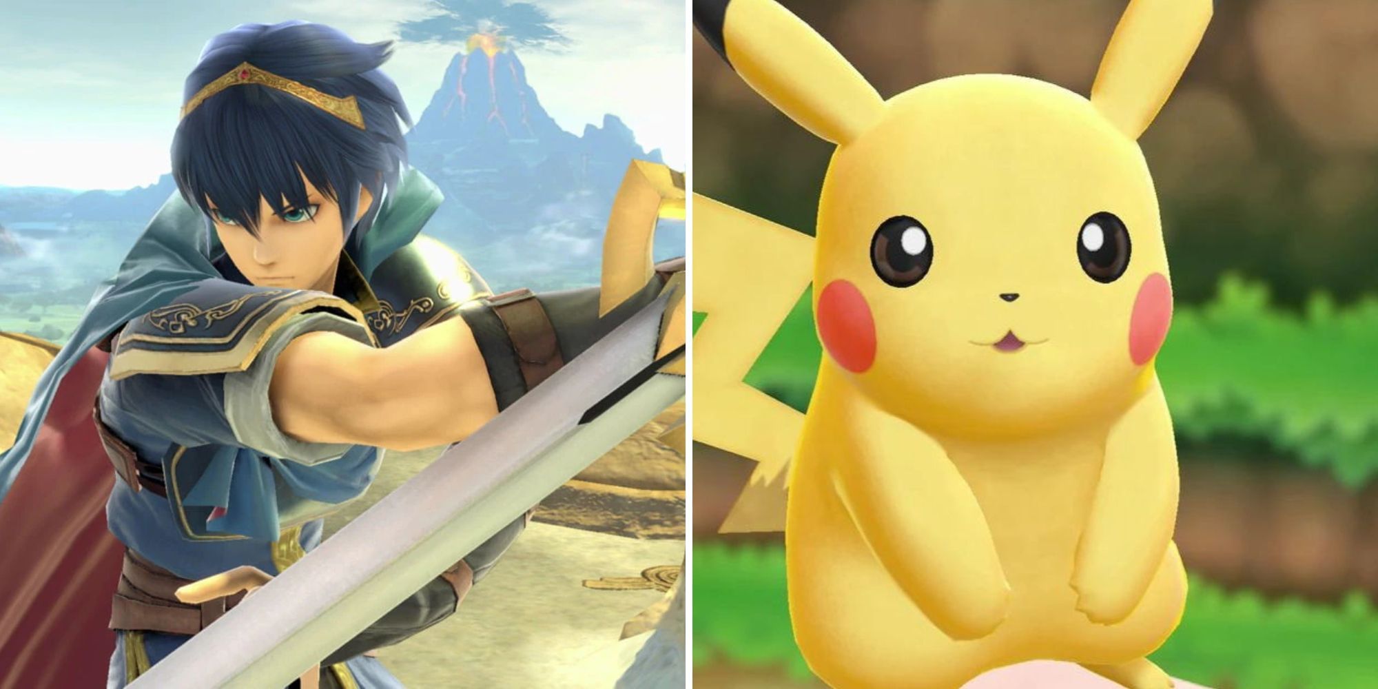 Marth prepares to attack and Pikachu stands on it's trainers arm
