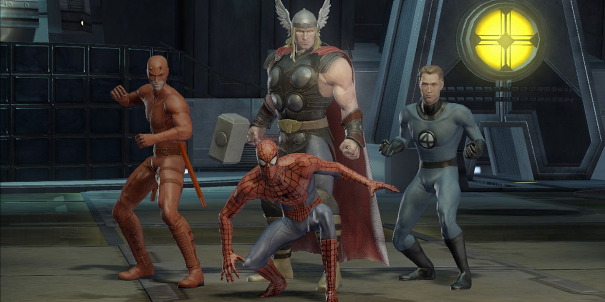 daredevil, spider-man, thor, and mr. fantastic posing for a group shot
