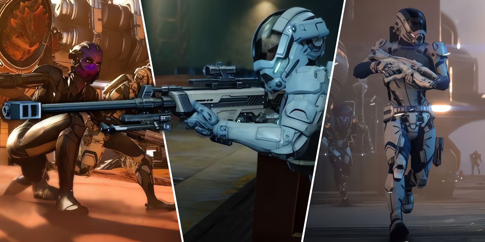Split image of an Asari, Ryder with a sniper rifle, and rider running