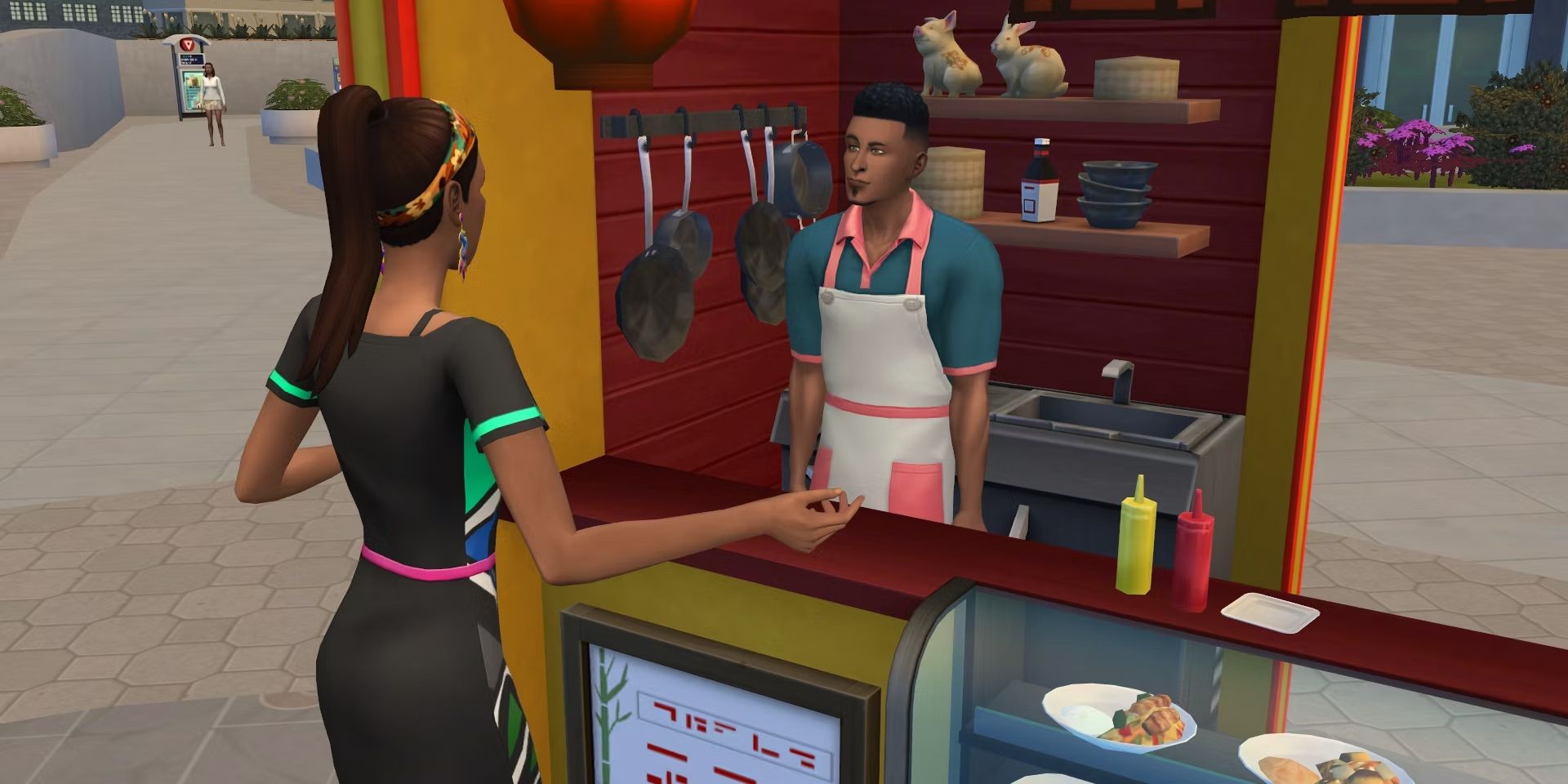 The Sims 4's Penny Pizzaz haggles with a food vendor in the Fashion District.