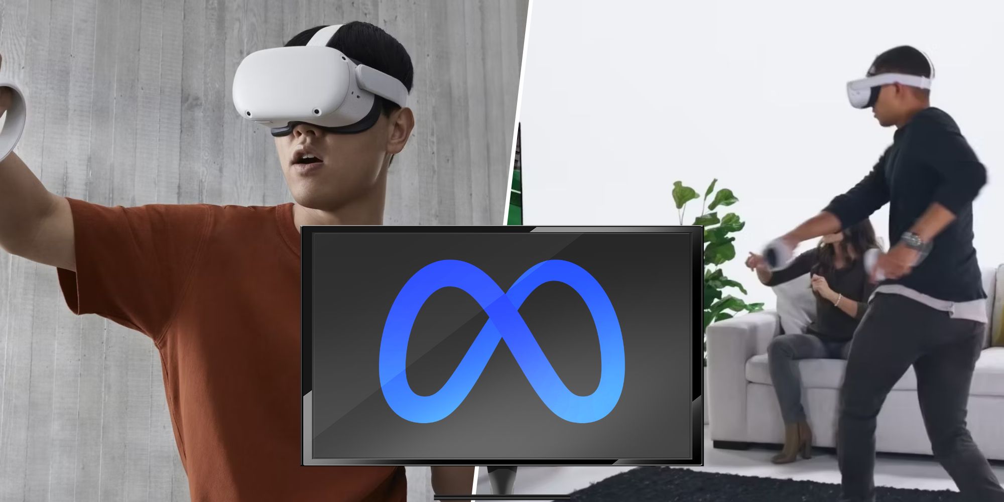 Two men play VR while a TV is overlaid in front of them.