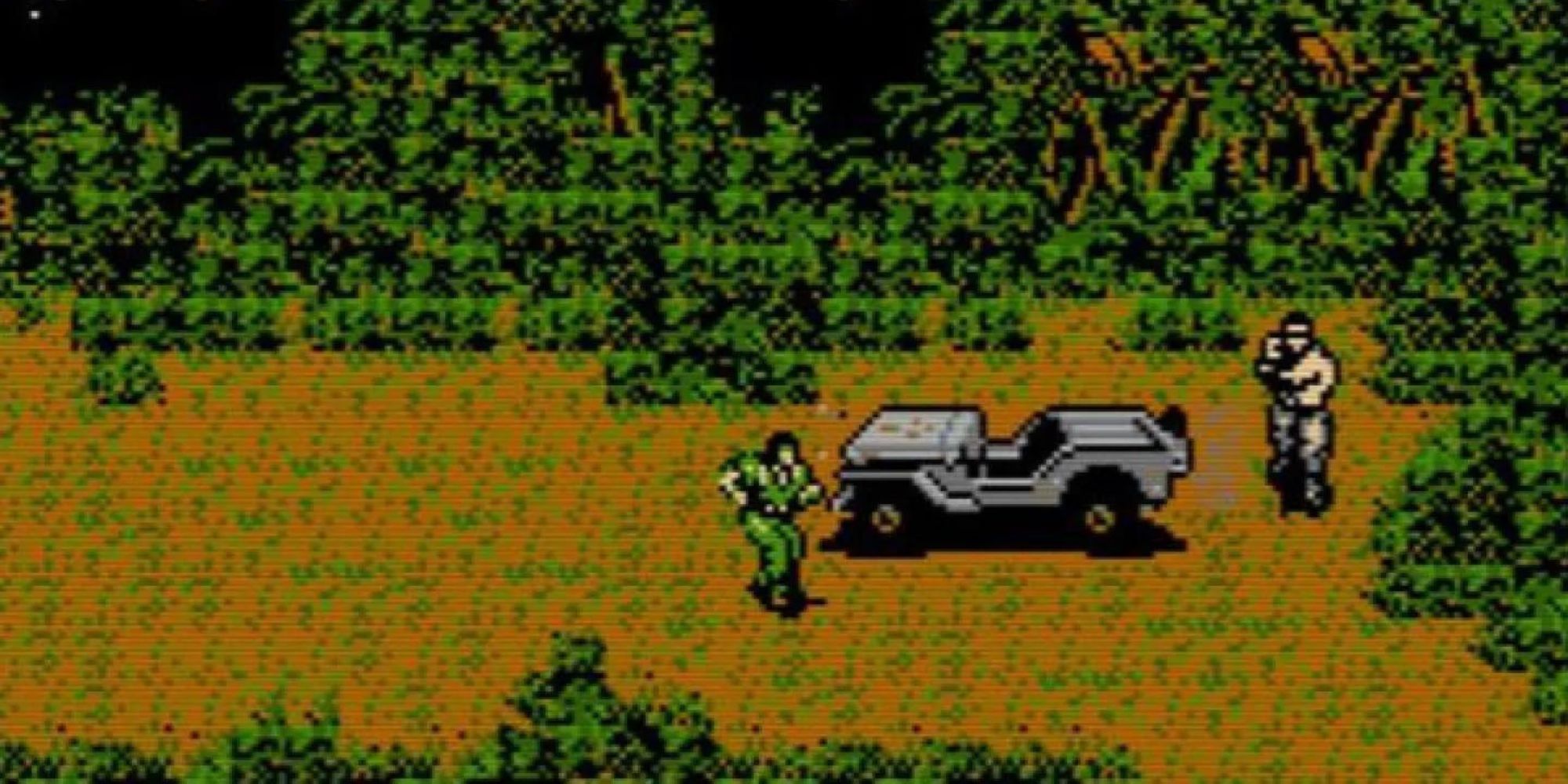 Solid Snake sneaks up on an enemy in the jungle