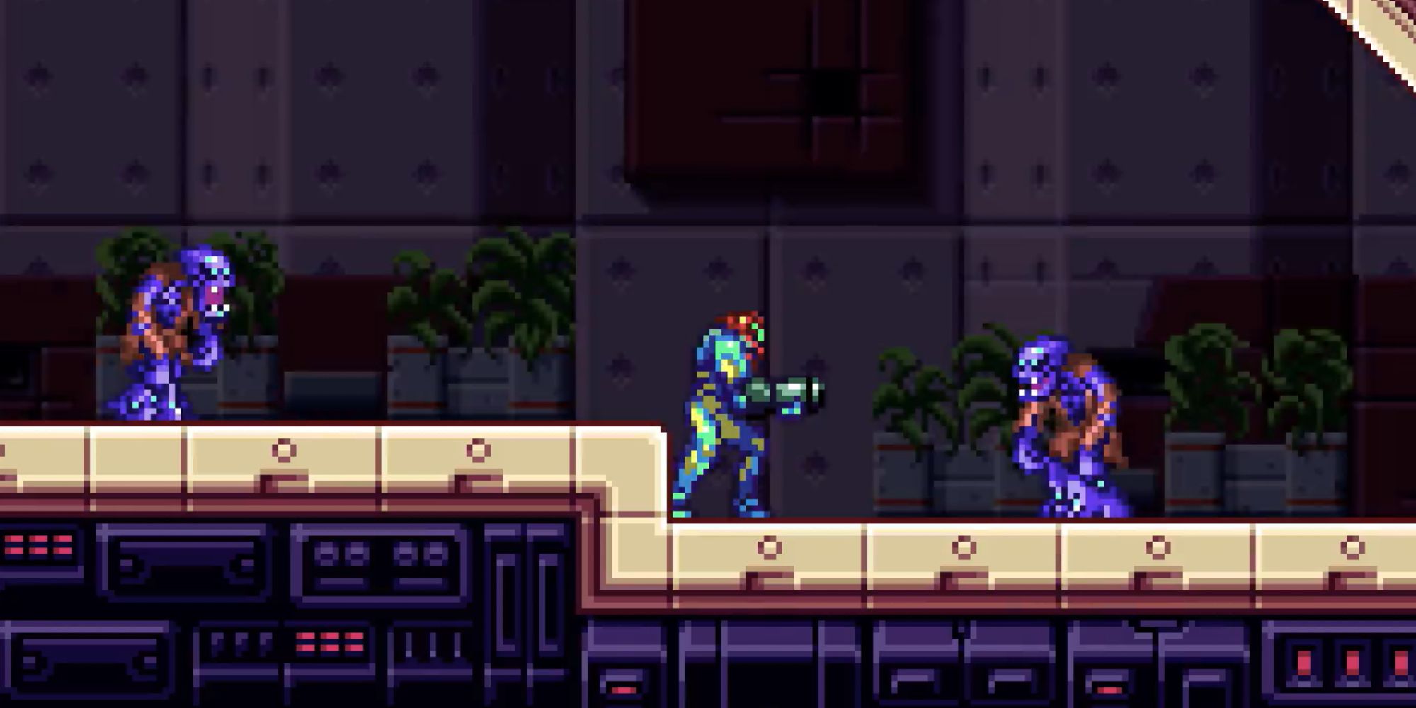 Samus in Metroid Fusion wih two purple zombie monsters coming from the left and right.