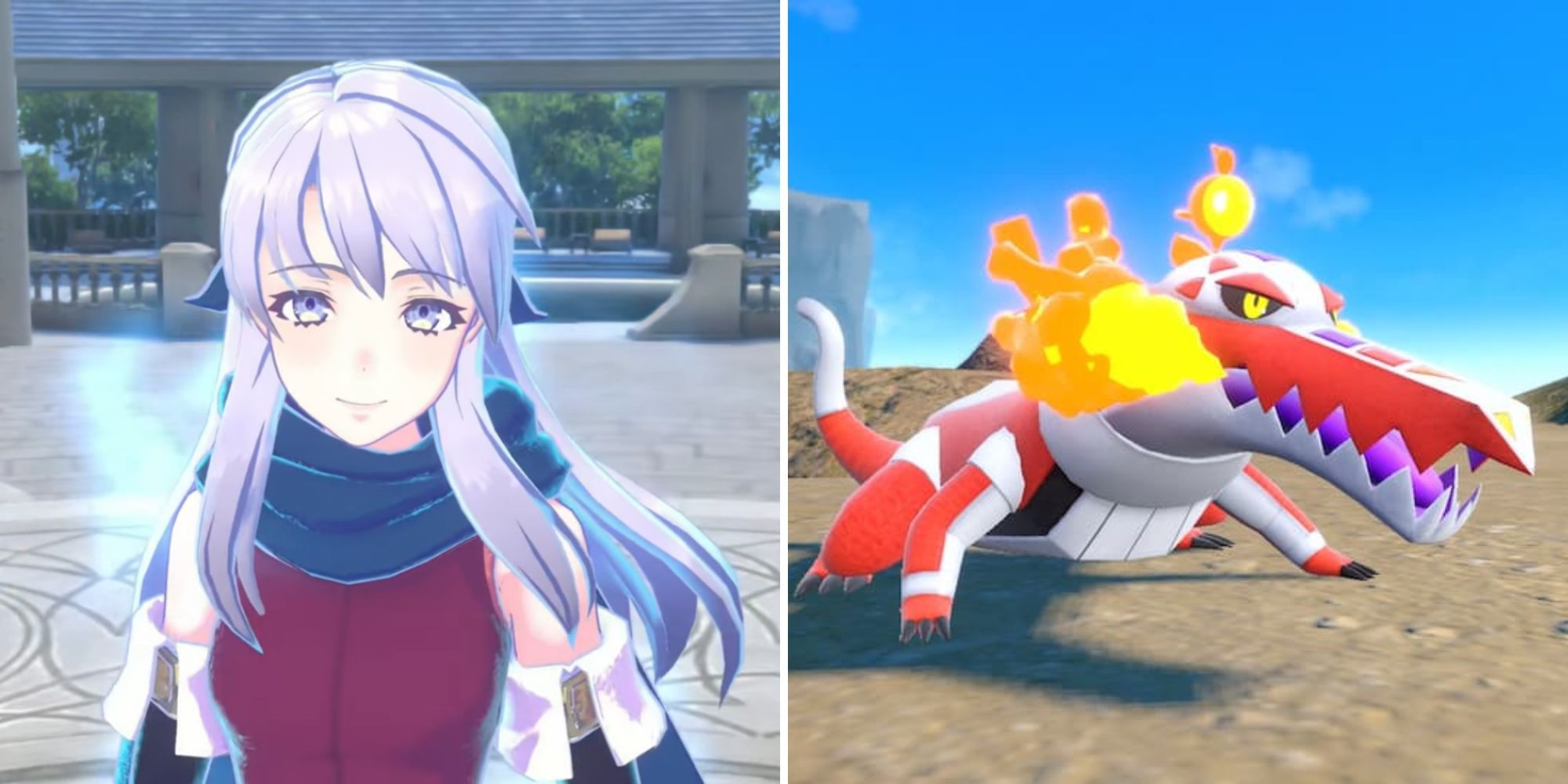 Micaiah stands in the Somnium and Skeledirge stands on a mountain during a sunny day