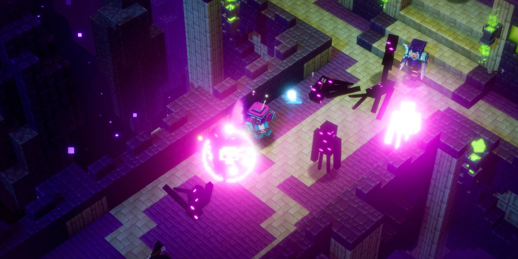 An image from Minecraft Dungeon Echoing Void DLC, showing two players using purple void abilities to fight endermen in the End City.