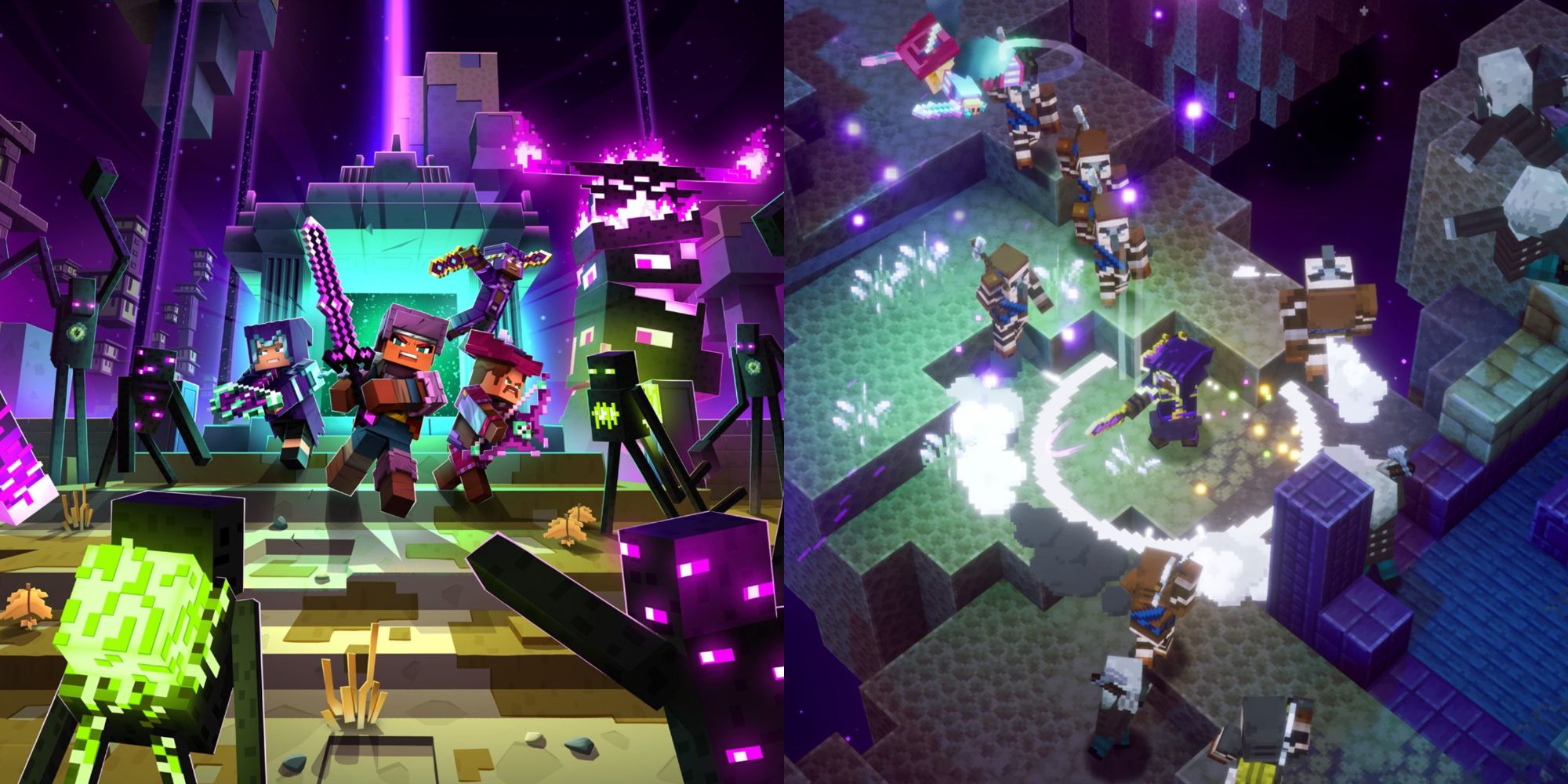 A split image of the cover art for Minecraft Dungeons: The Echoing Void DLC that showcases four players entering the End dimension to fight against endermen, and a photo of a player fighting against a horde of Illagers in the End.