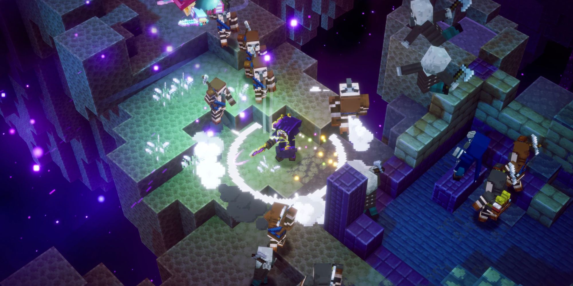 An image from the Minecraft Dungeons Echoing Void DLC, showing a player fighting off a horde of Illagers.