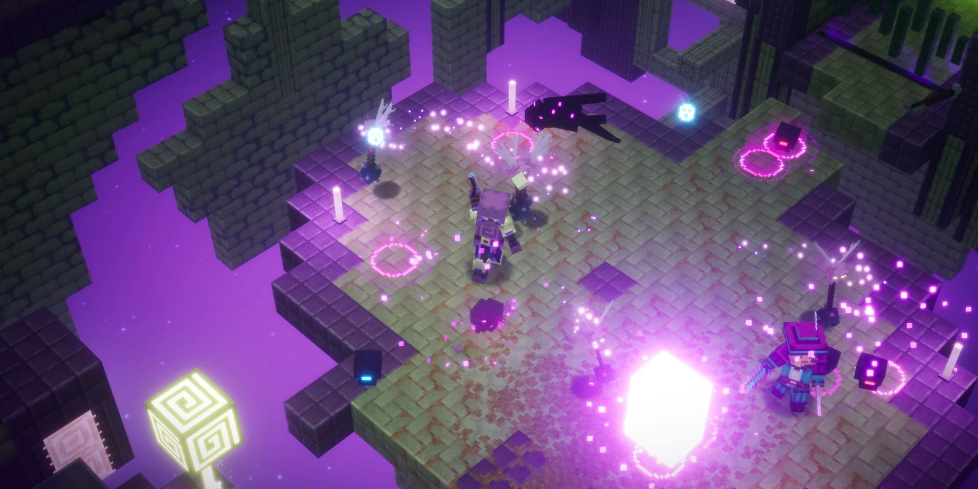An image from the Minecraft Dungeon Echoing Void DLC, showing two players fighting in an End City with new weapons and armor. 
