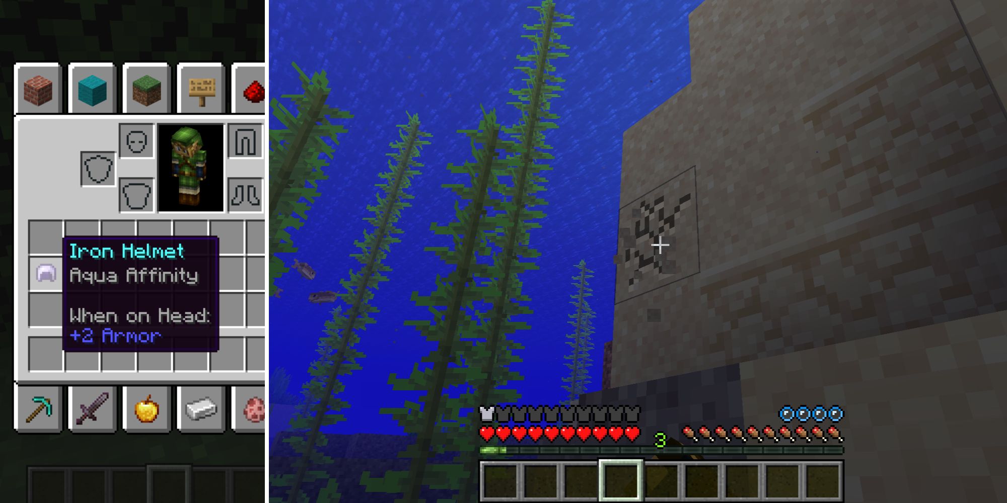 Aqua Affinity helmet and player breaking sand underwater in Minecraft